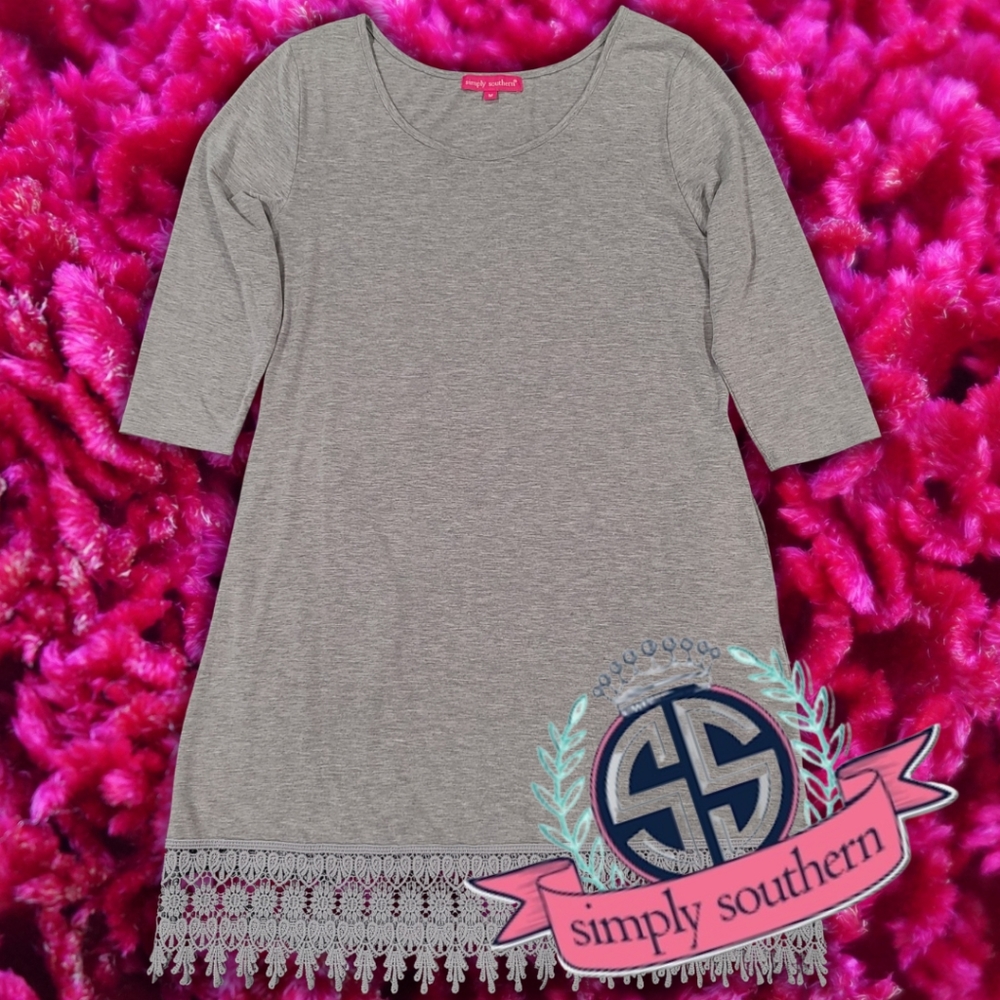 Simply Southern Gray Midi Dress Pockets 3/4 Sleeves Crocheted Detail Size Medium